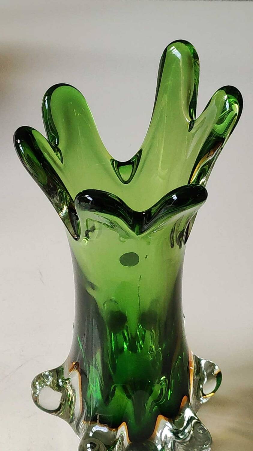 Murano/Flavio Poli vase. Blown art glass, green/amber tones. Organic floral shape. Height 28 cm