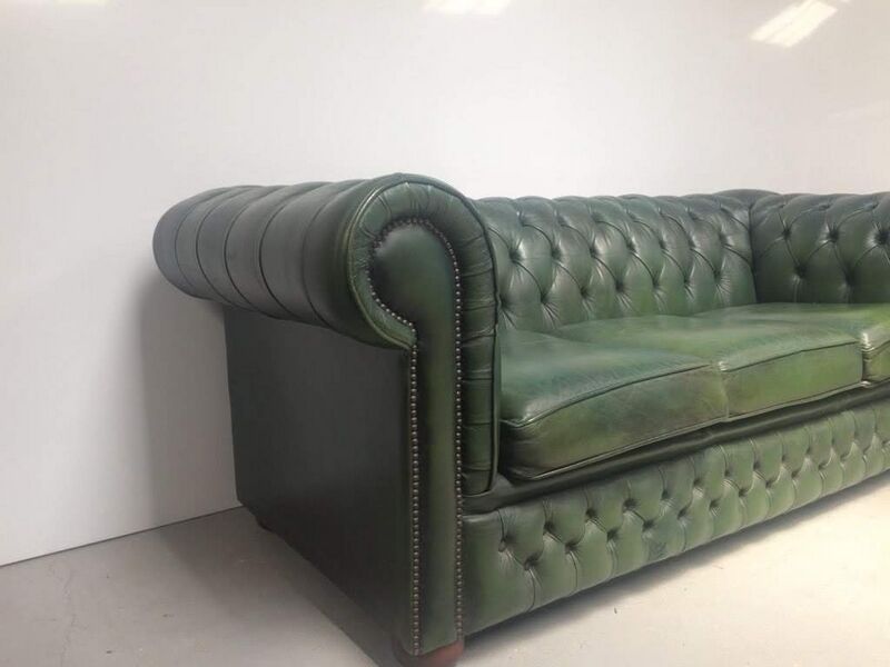Vintage English green leather chesterfield sofa