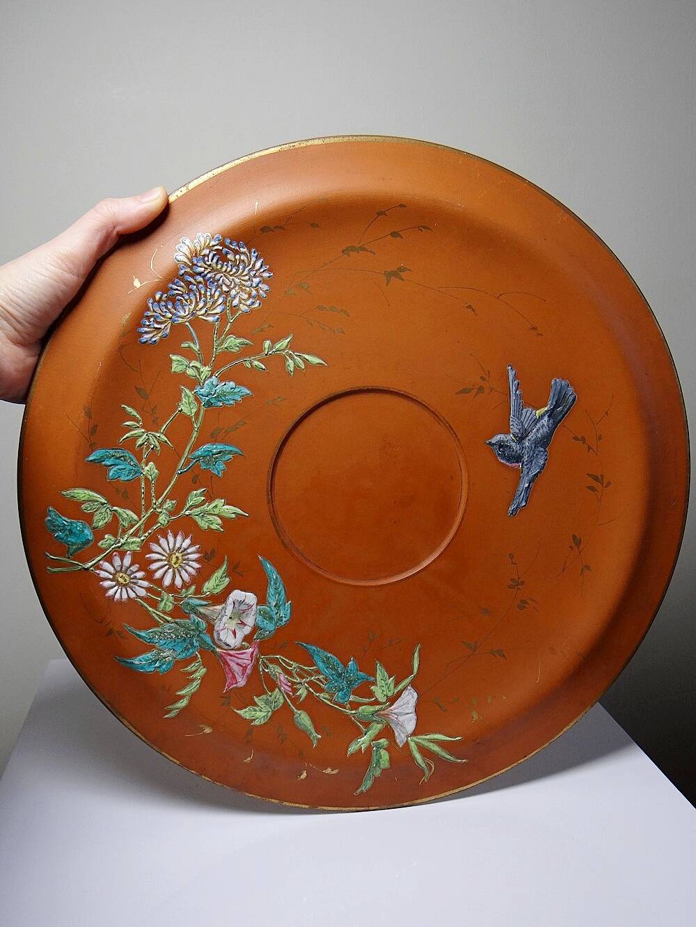 Large old clay/terracotta dish with Japanese Art Nouveau enamel