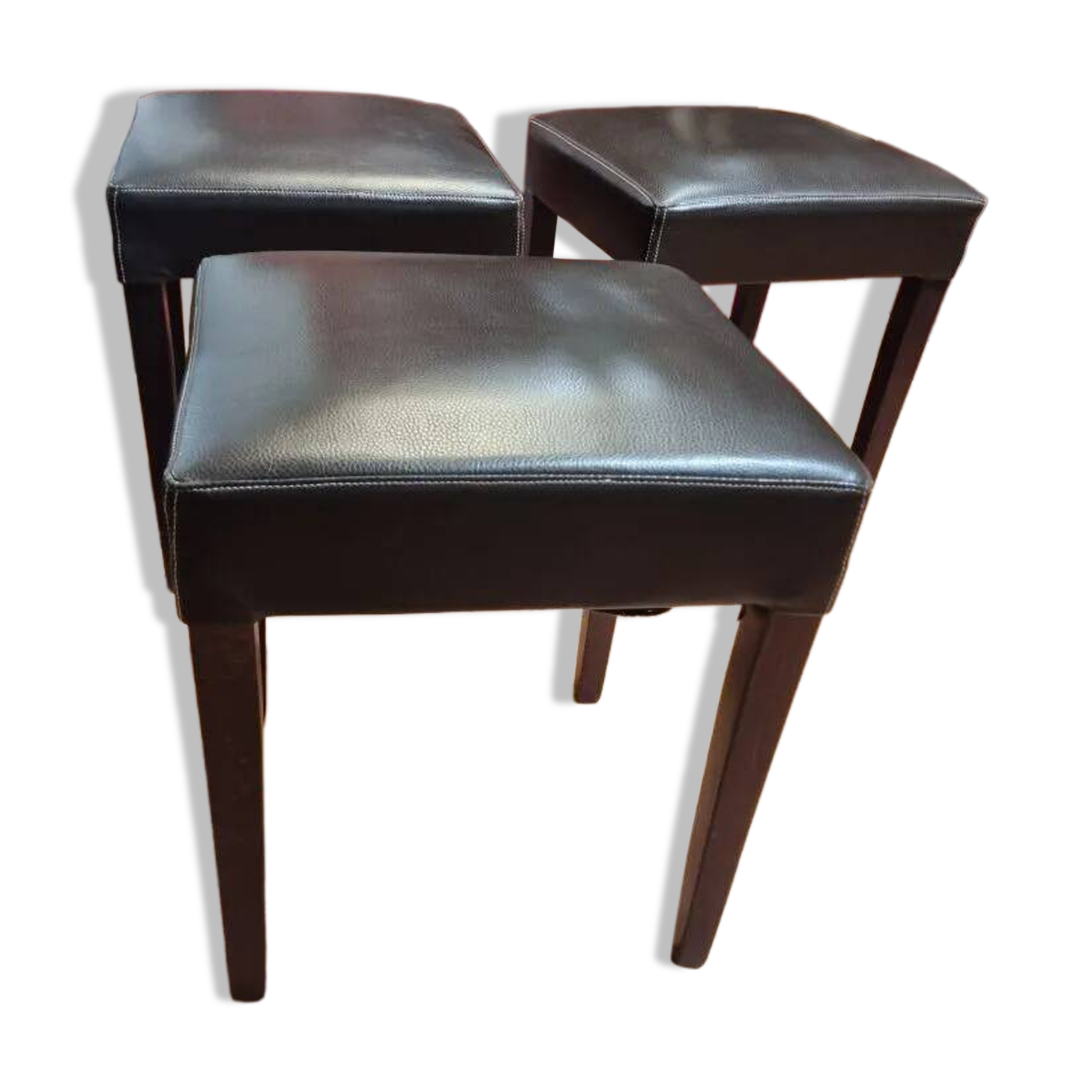 Brown leather square stool with wooden legs – padded seat