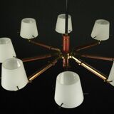 Mid-Century 8 arms Stilnovo chandelier in opaline, brass and red lacquer.