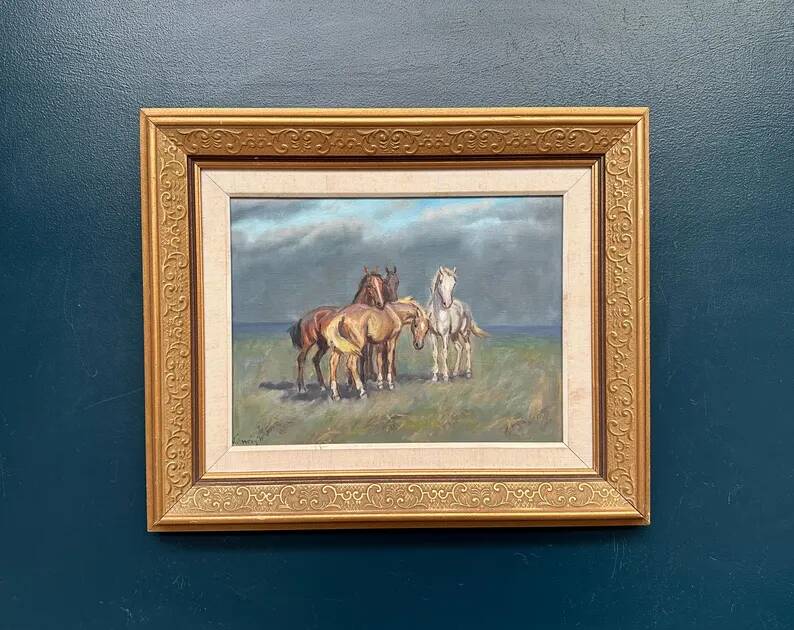 Original Swedish Oil on Canvas – “Horses” – Signed – Vintage & Framed – 59.5 × 49.5 cm