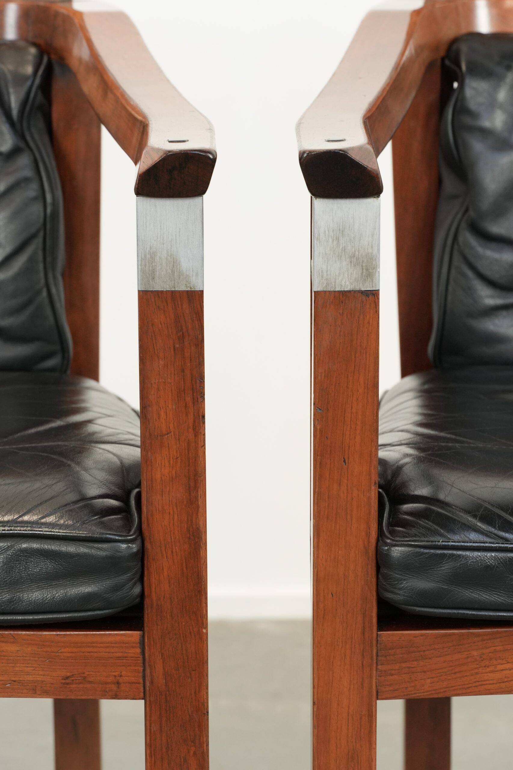 Black leather set of 2 Art Deco design dining/side chairs with armrests