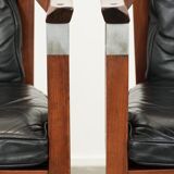 Black leather set of 2 Art Deco design dining/side chairs with armrests