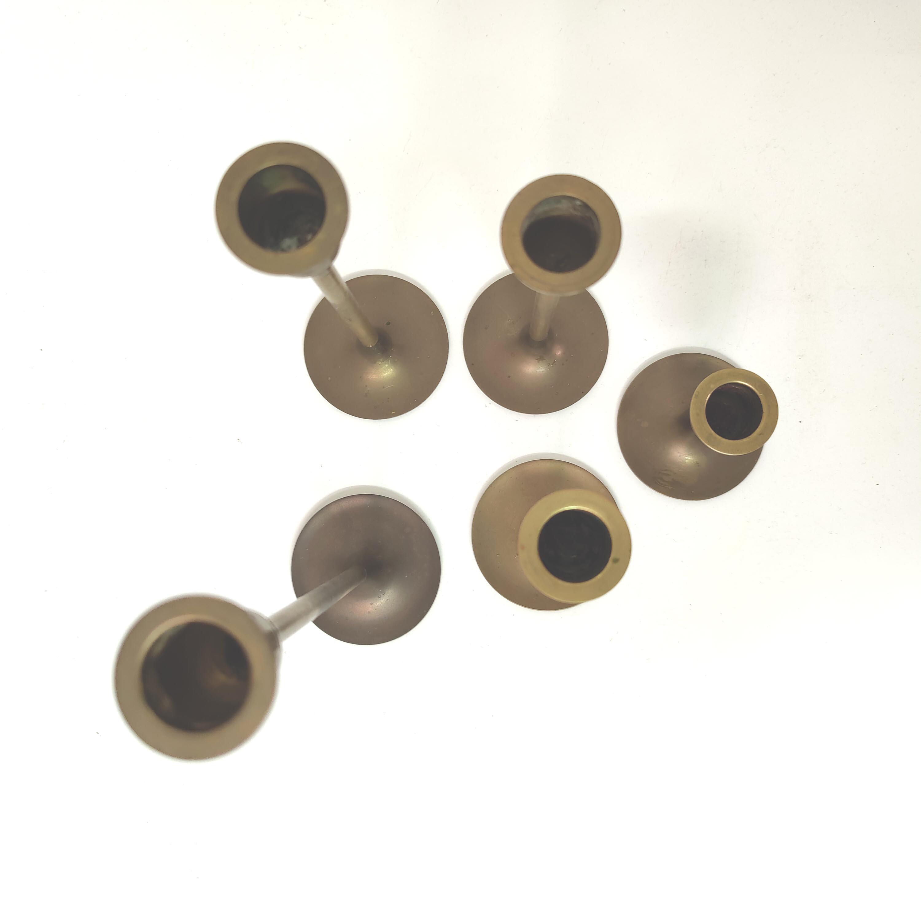 Set of 5 Scandinavian brass candlesticks 1960