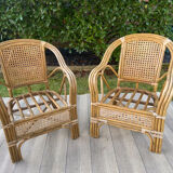 2 vintage armchairs in cannage and bamboo