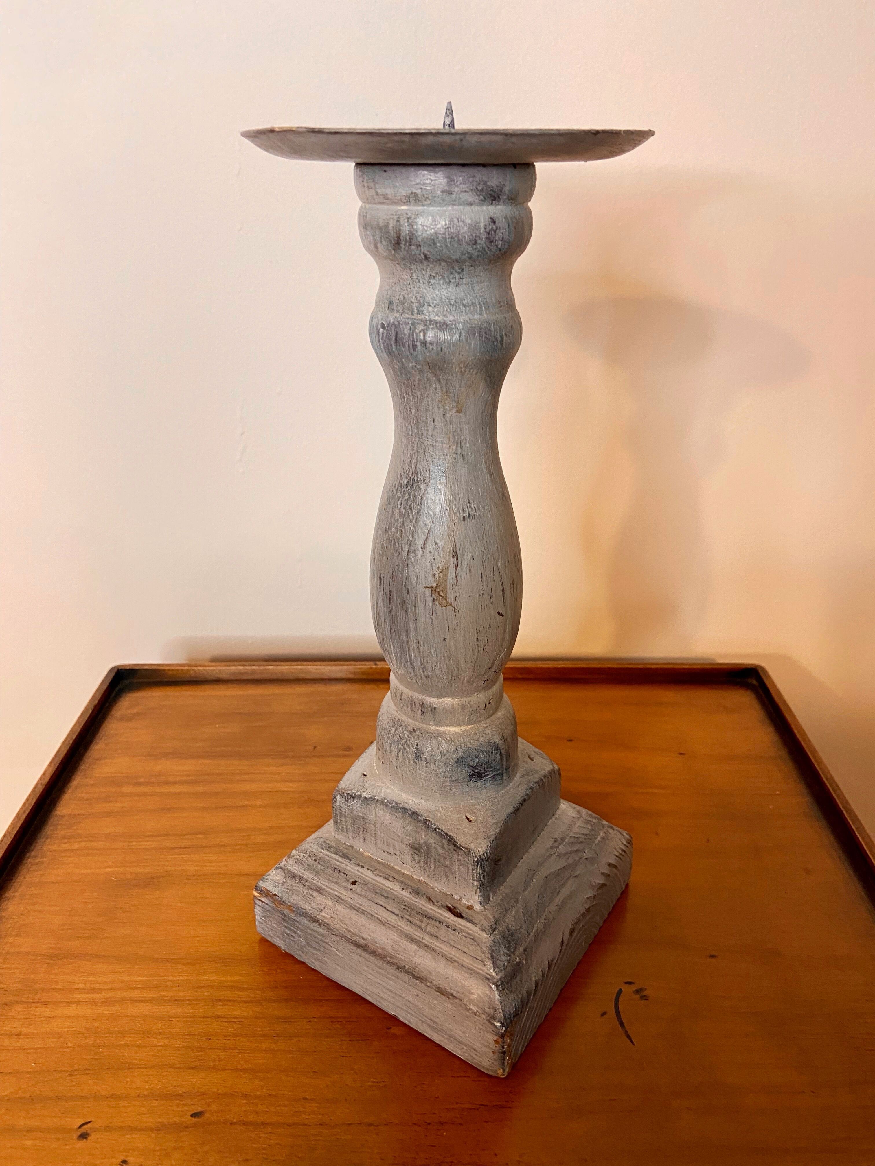 Gray patinated wooden candle holder