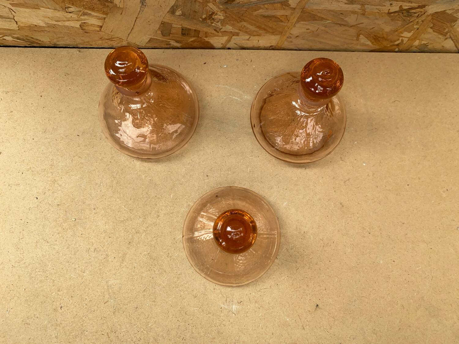 Set of 3 old perfume bottles + vintage pink molded glass stopper #b470