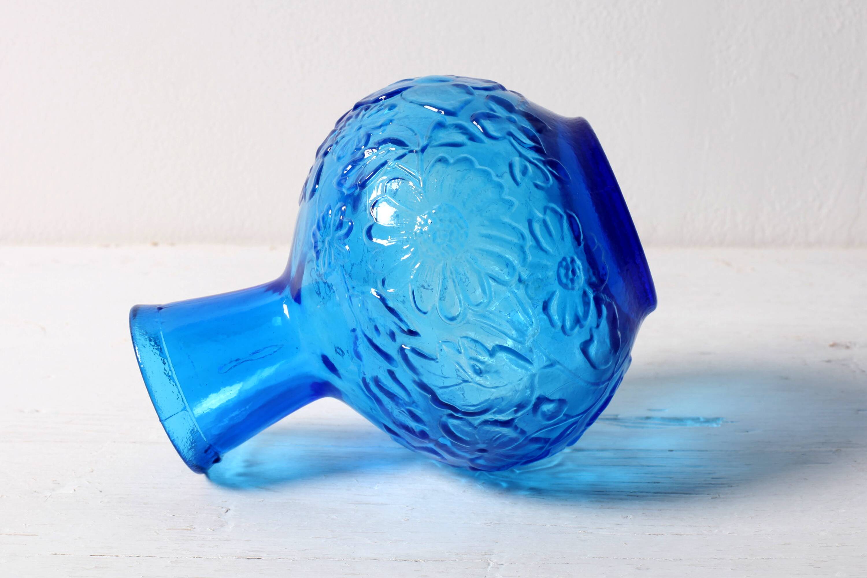Vintage Small Blue Pressed Glass Vase with Flowers Pattern / Italy / 1960