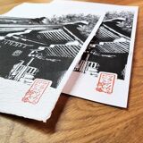 Handcrafted linocut of a wooden temple in Nagoya: 100% handmade, certified and signed