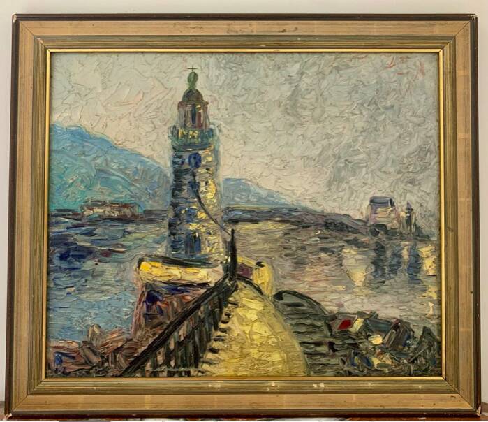 Large OIL ON WOOD representing the view of a "Lighthouse on the pier"