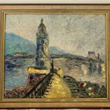 Large OIL ON WOOD representing the view of a "Lighthouse on the pier"