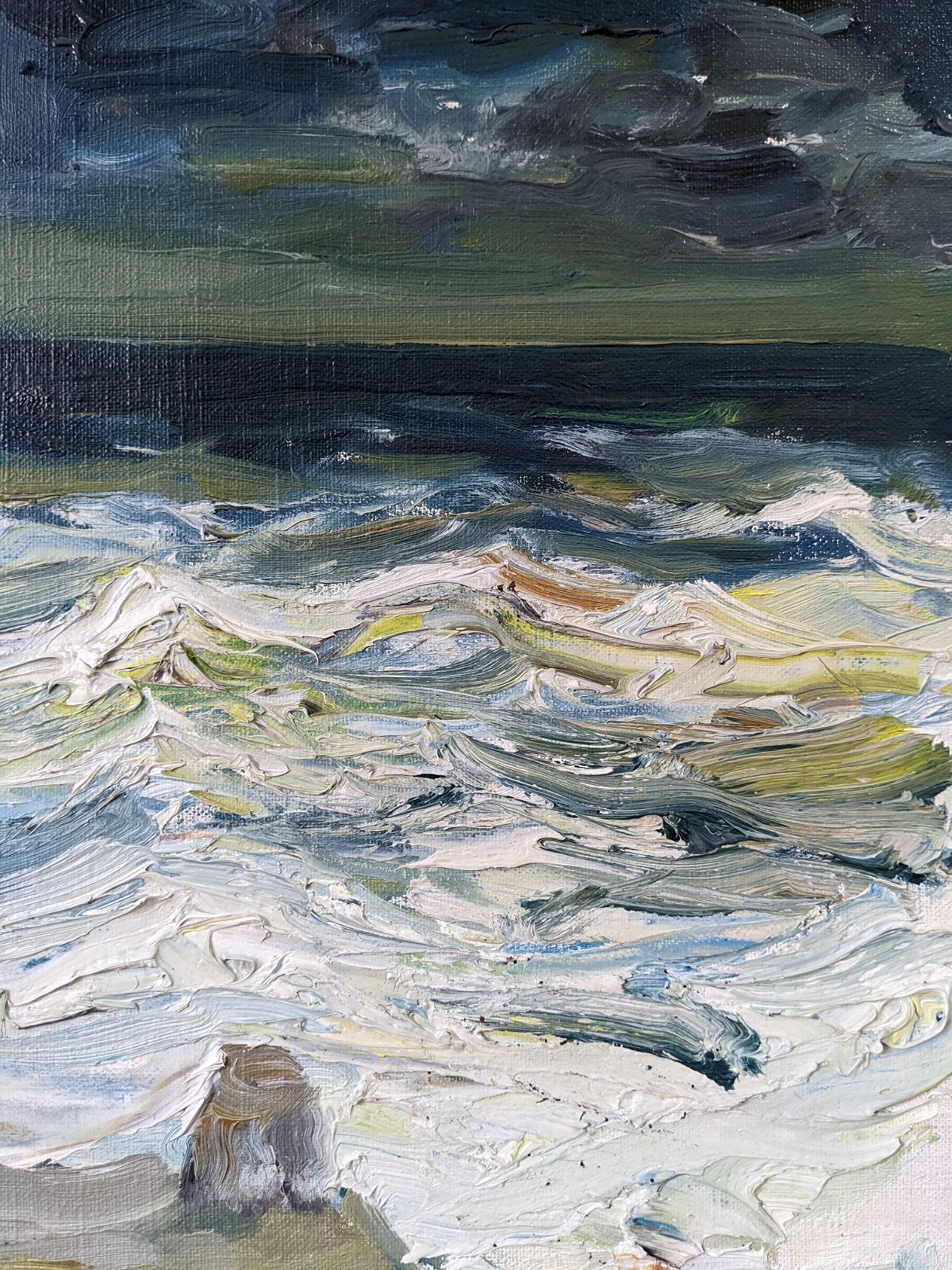 Mid-Century Modern Swedish "Watching the Storm" Vintage Expressive Seascape Oil Painting, Framed