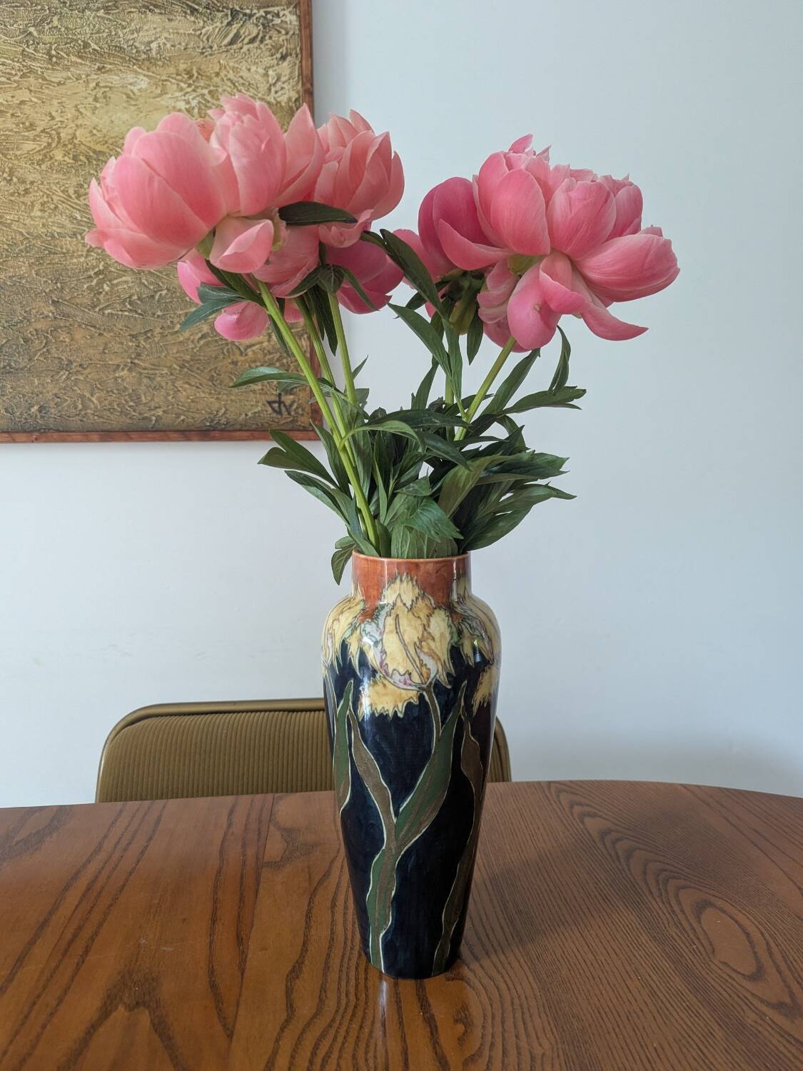 Art Nouveau vase in glazed ceramic, floral decoration, Gouda type, circa