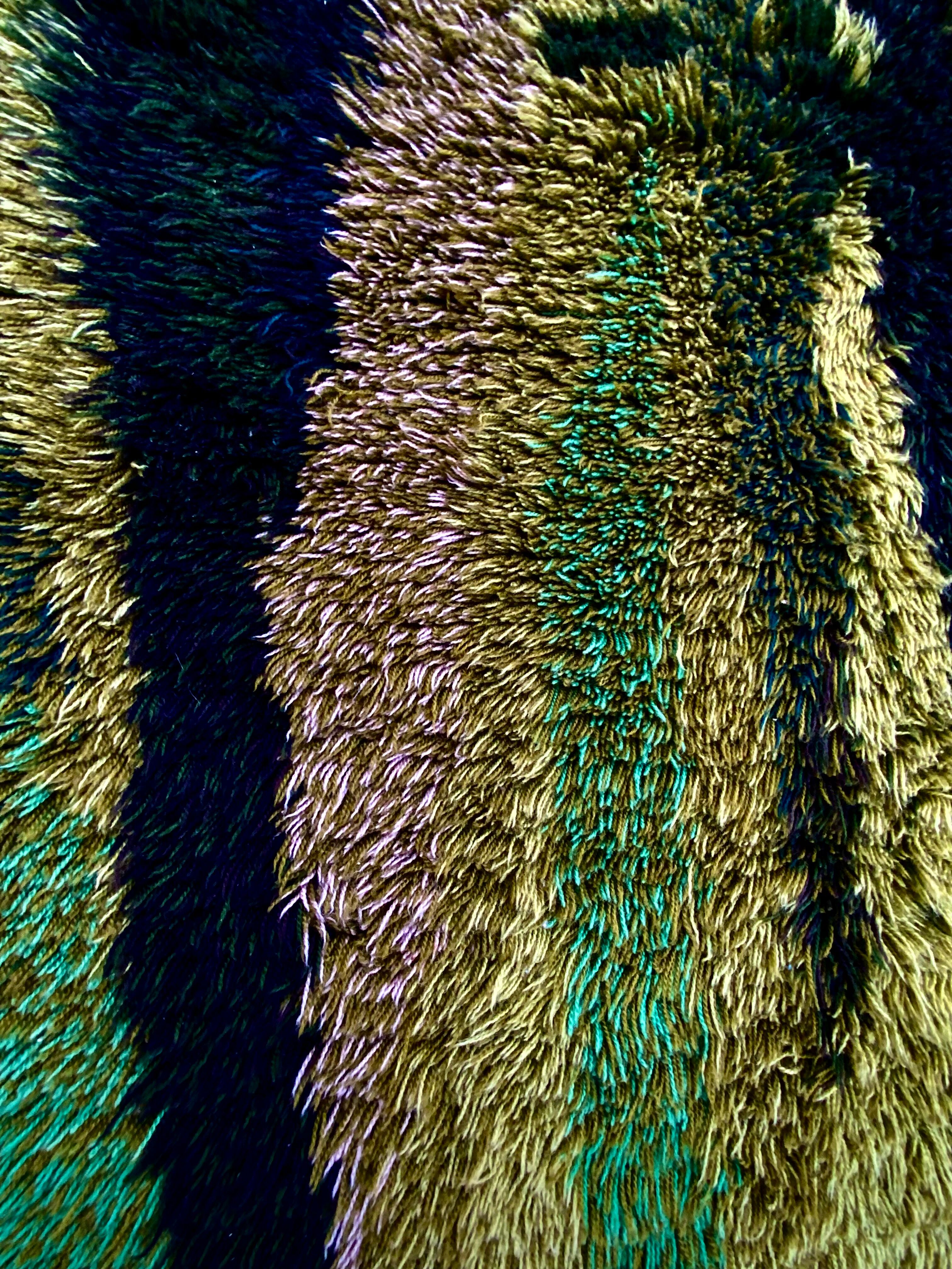 Green scandinavian modernist design wool rya rug woven handmade vintage 1960s