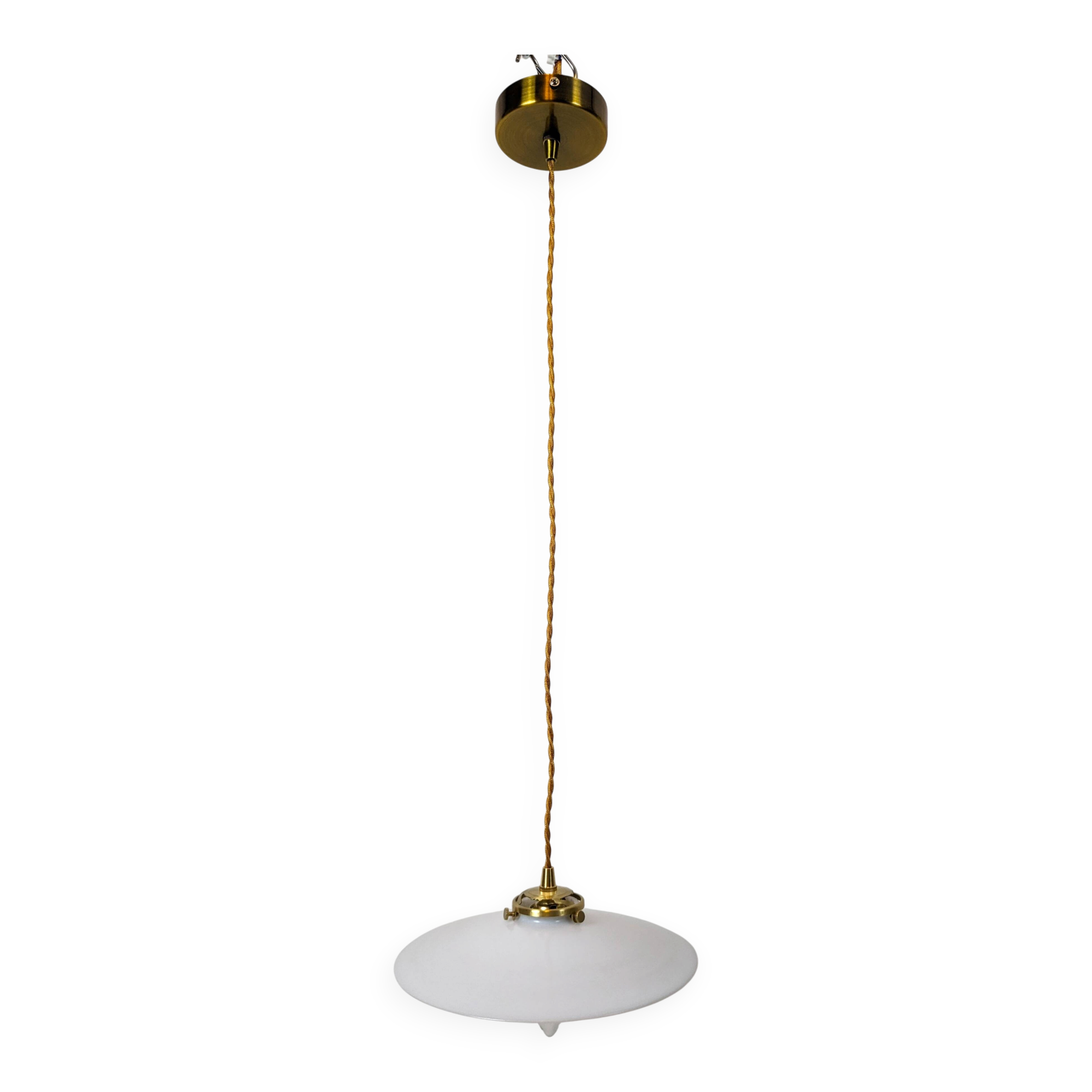 Vintage suspension in white opaline, elegant light fixture with soft light.