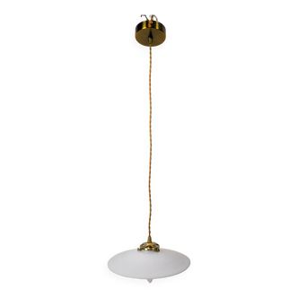 Vintage suspension in white opaline, elegant light fixture with soft light.