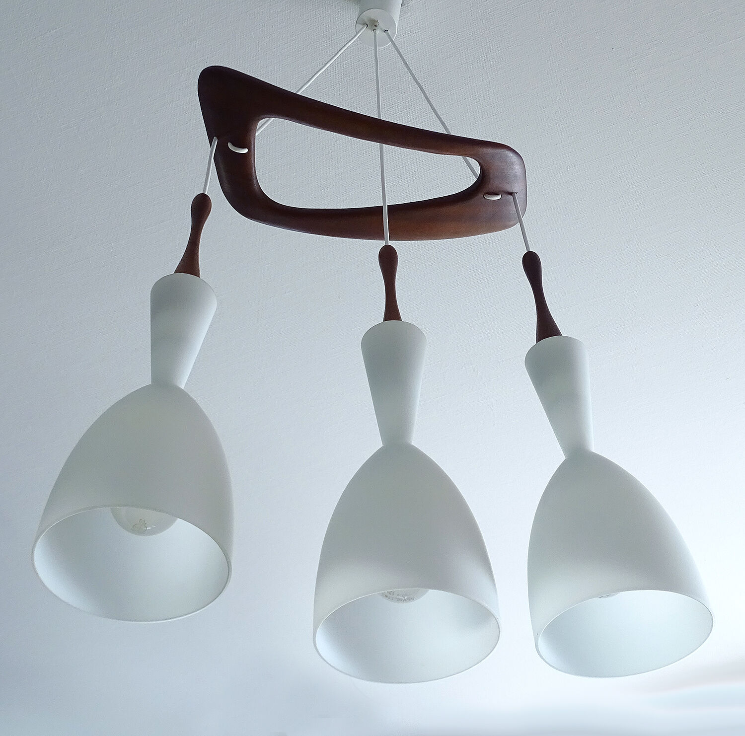 Scandinavian pendant lamp vintage, teak and opaline glasses, 50s
