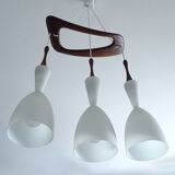 Scandinavian pendant lamp vintage, teak and opaline glasses, 50s