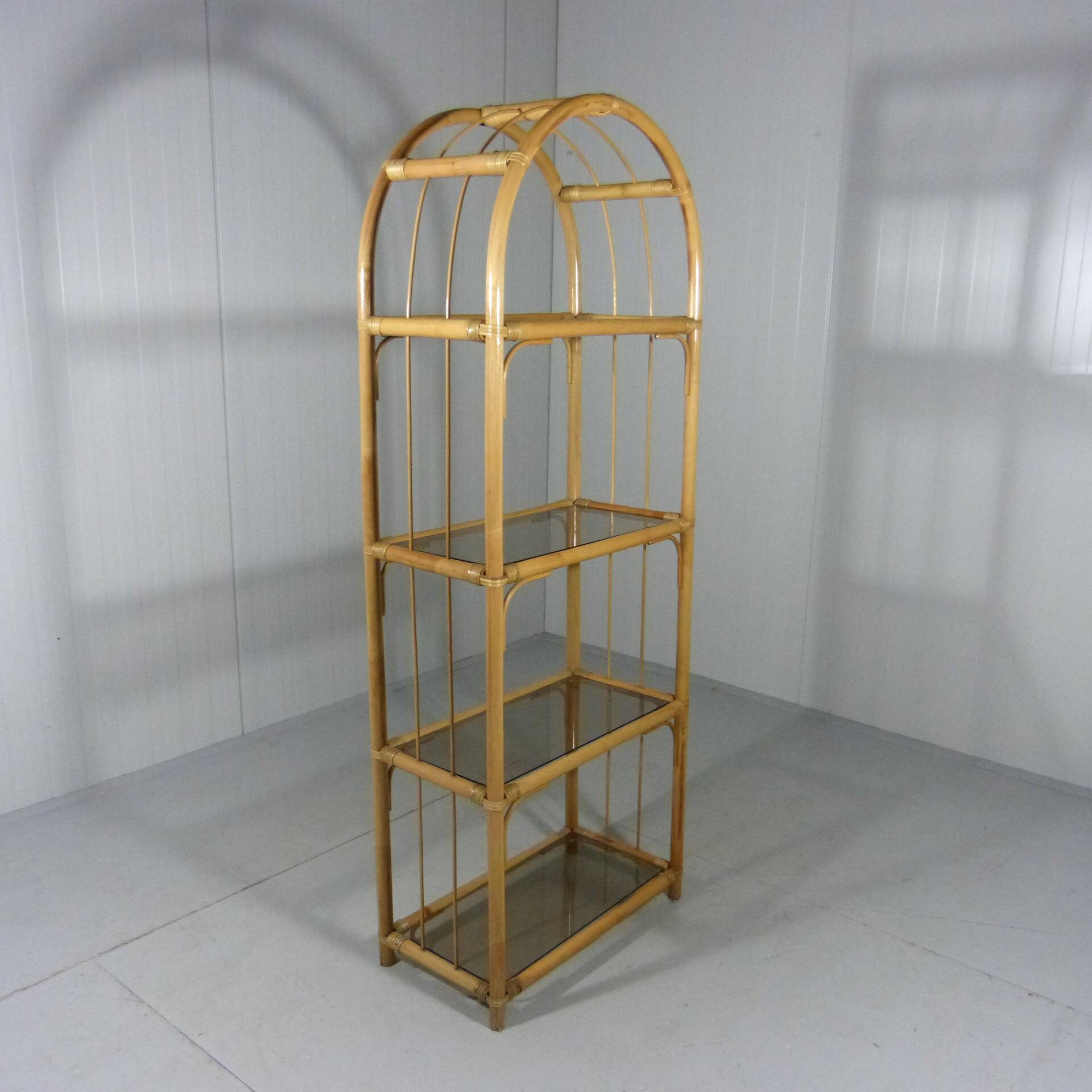 Rattan & smoked glass display rack 1970’s