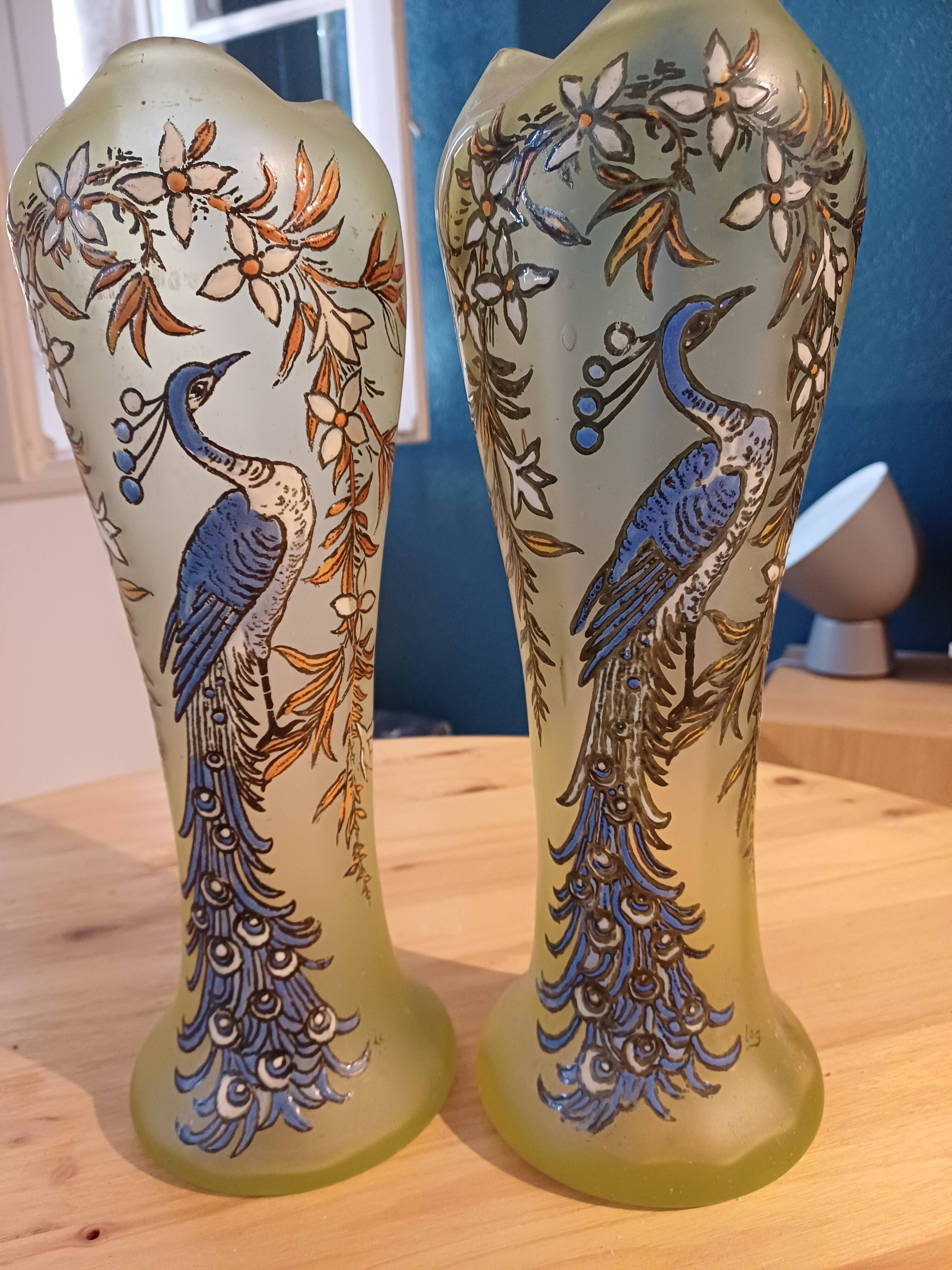 Pair of Legras vases in peacock glass