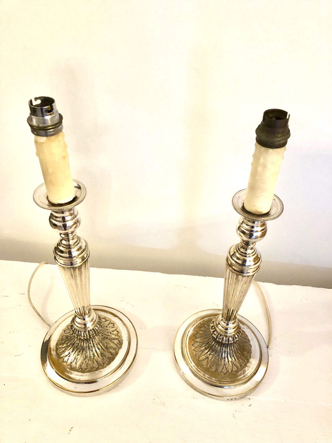 Pair of silver metal candle holder lamp bases