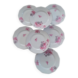 7 assiettes à dessert MBS France – décor de cyclamens roses, liseré ar