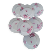 7 assiettes à dessert MBS France – décor de cyclamens roses, liseré ar