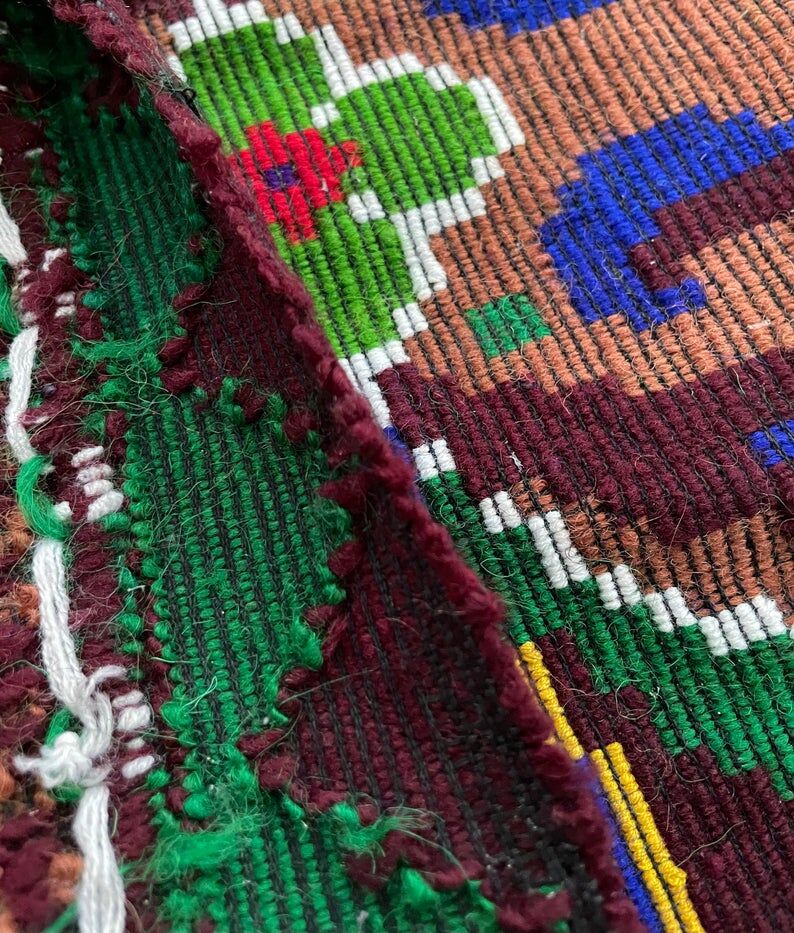 Handwoven vintage accent geometrical rug, colorful wool, wine colour with green and blue accents