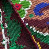 Handwoven vintage accent geometrical rug, colorful wool, wine colour with green and blue accents