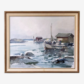 Mid-century modern swedish "early morning" coastal landscape with fishing boats, oil on canvas