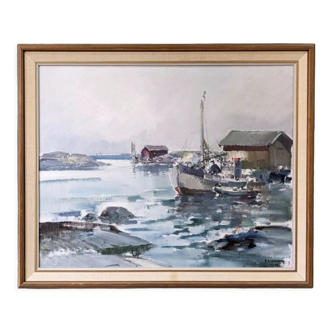 Mid-century modern swedish "early morning" coastal landscape with fishing boats, oil on canvas