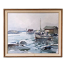 Mid-century modern swedish "early morning" coastal landscape with fishing boats, oil on canvas