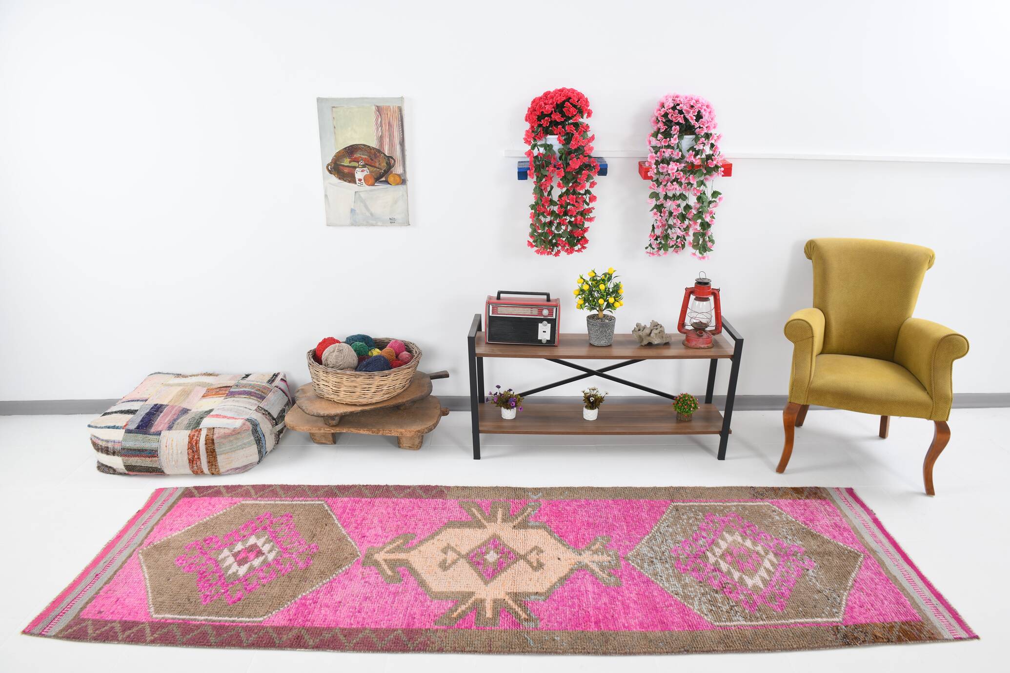 Pink Brown Vintage Runner Rug 94x299Cm