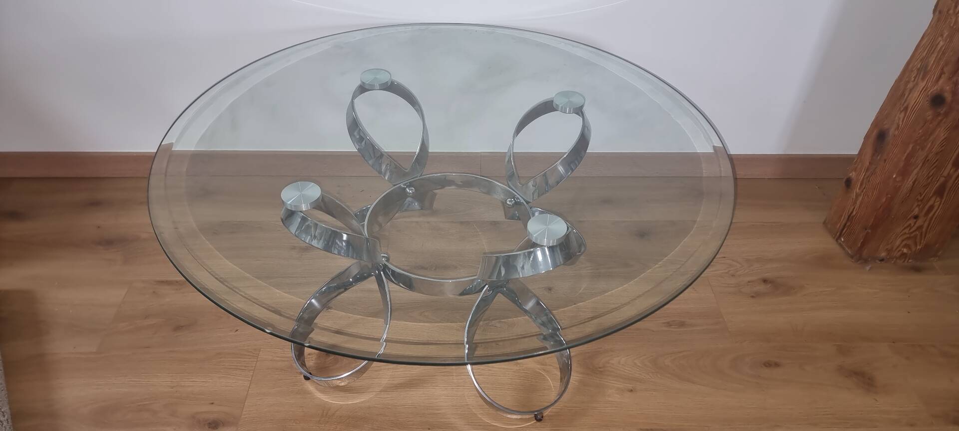 Table basse vintage Spage Age en verre et chrome. Style Hesterberg