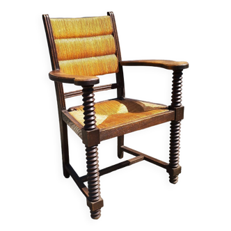 Vintage Basque style straw armchair in turned wood 1950