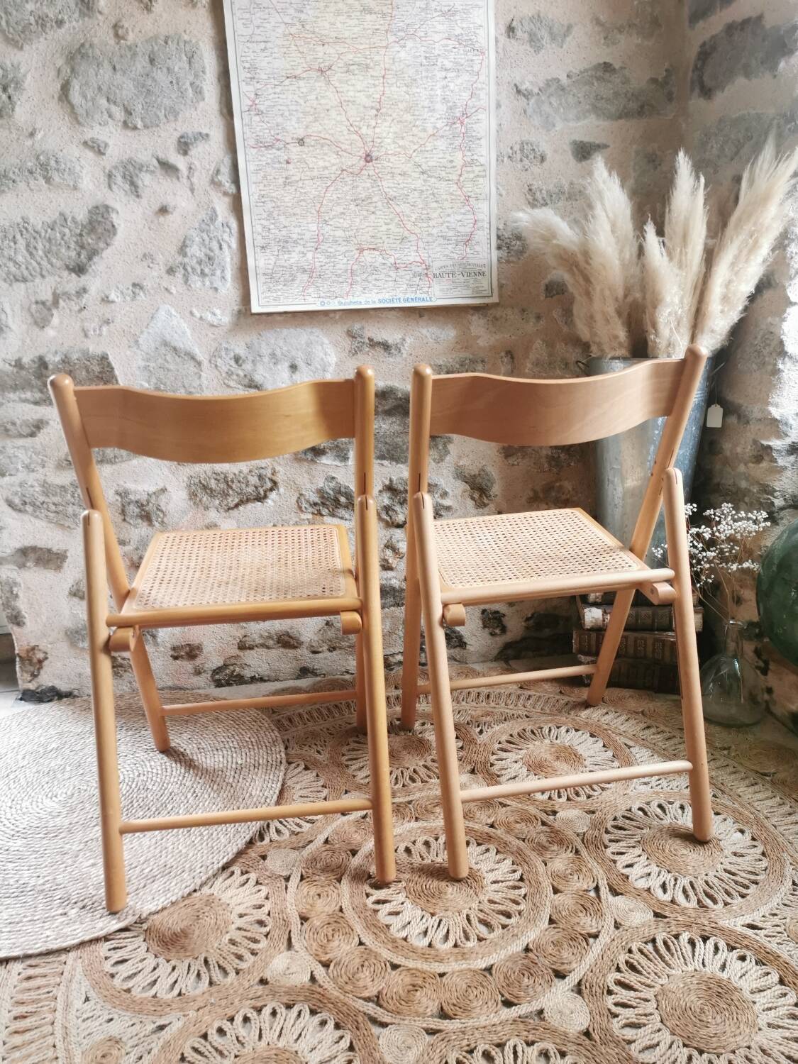 2 Vintage Folding Chairs, Beech and Rattan Canework