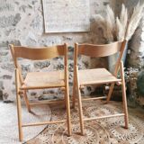 2 Vintage Folding Chairs, Beech and Rattan Canework