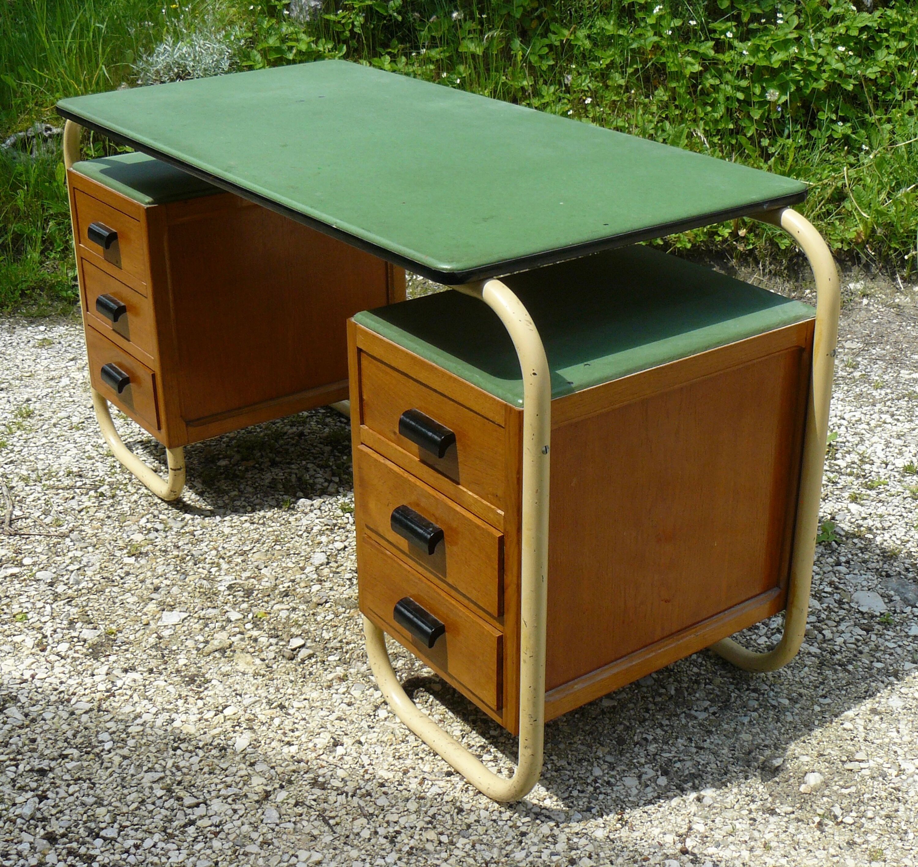 Bauhaus tubular desk with 6 drawers vintage 1950