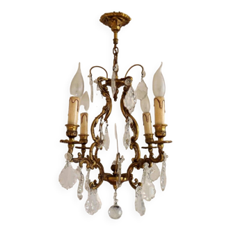 French Bronze Art Nouveau 4 Sided Cage Chandelier Adorned With Crystals 4490