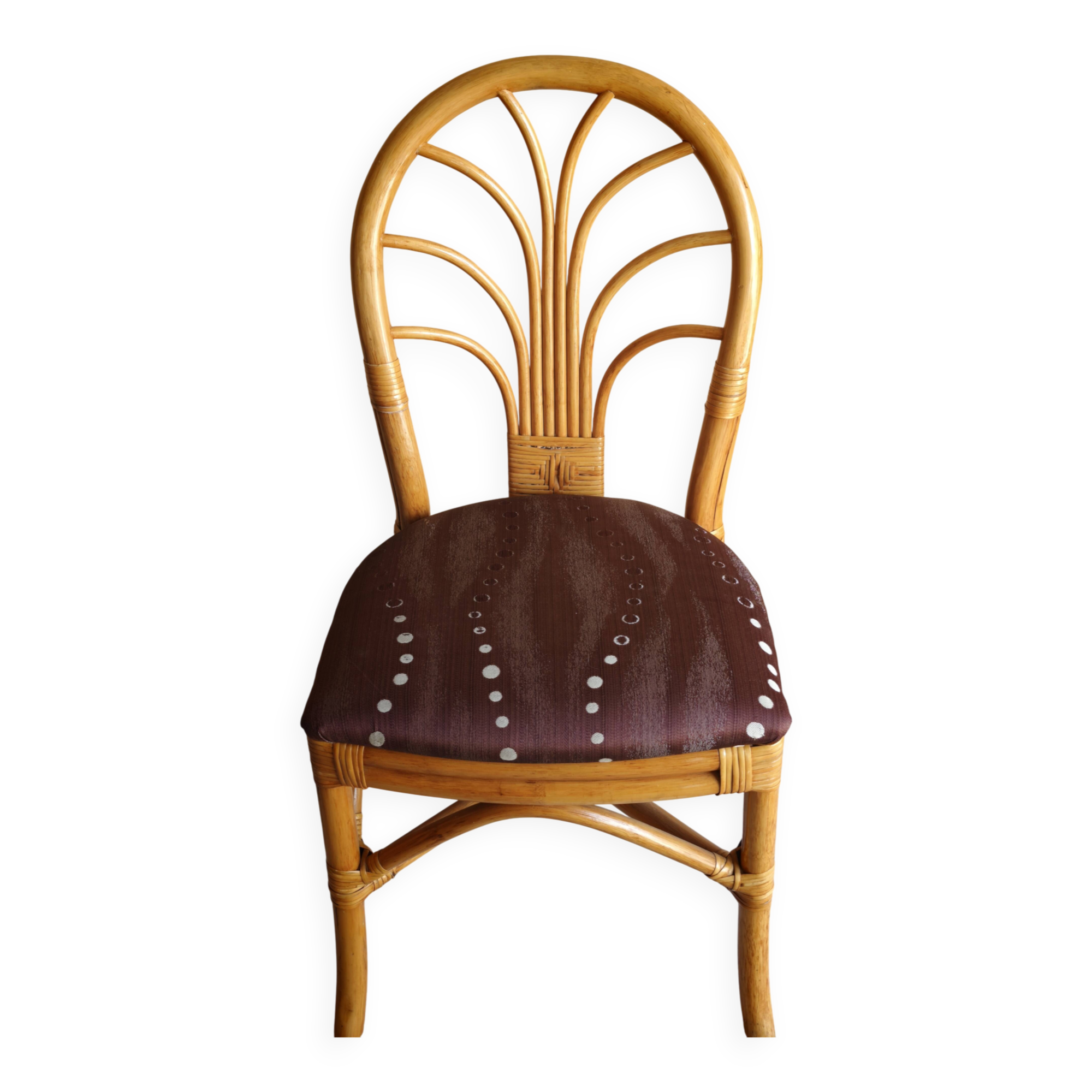 Set of 4 rattan and bamboo chairs, "fan" backrest, vintage 70s.