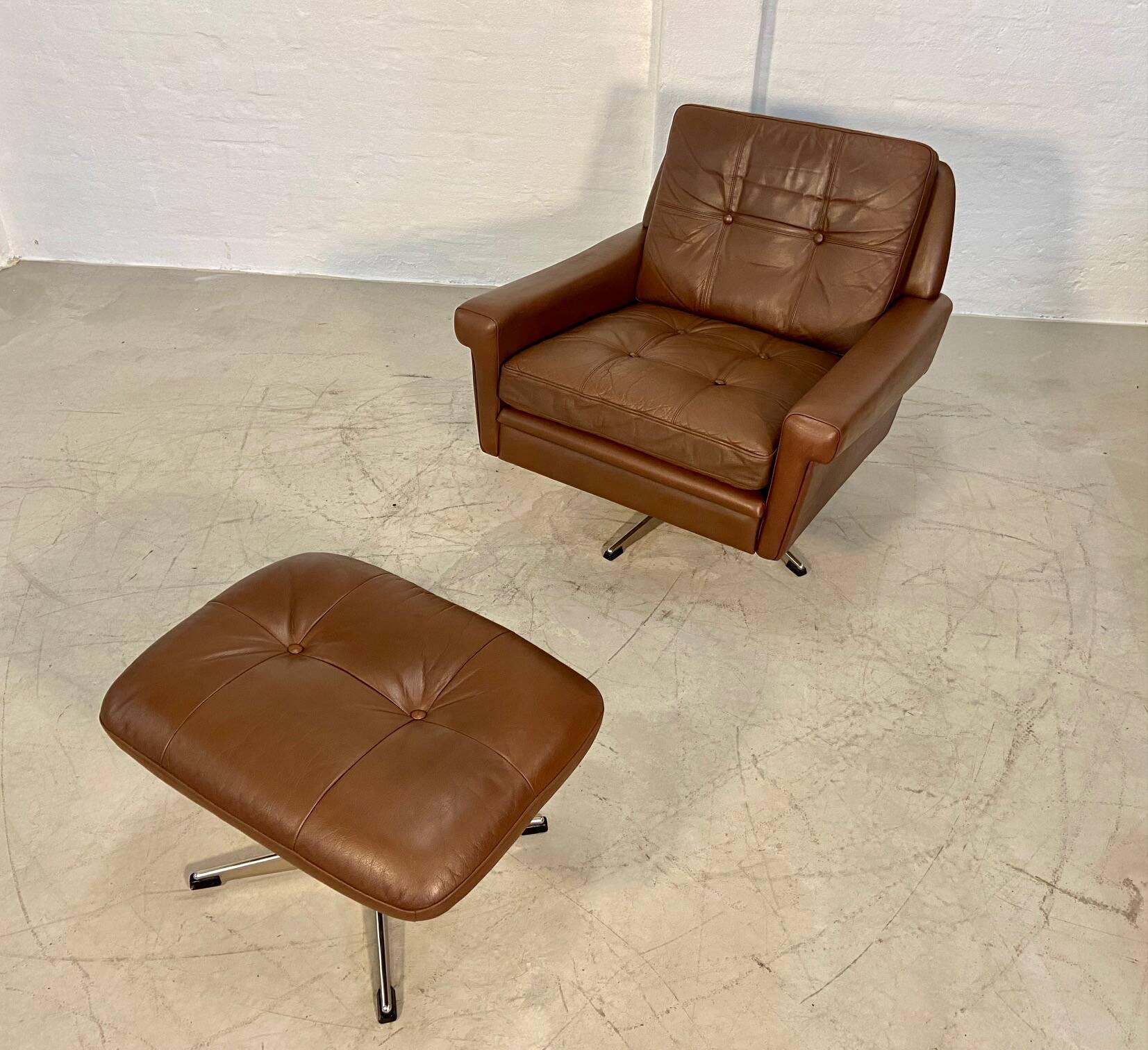Vintage danish retro mid-century svend skipper brown leather chair & stool 60s