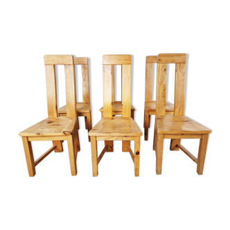 Set of 6 highback pine wood dining chairs, 1970s