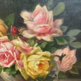 Tableau ancien , bouquet de roses fin XIX début XX siècle