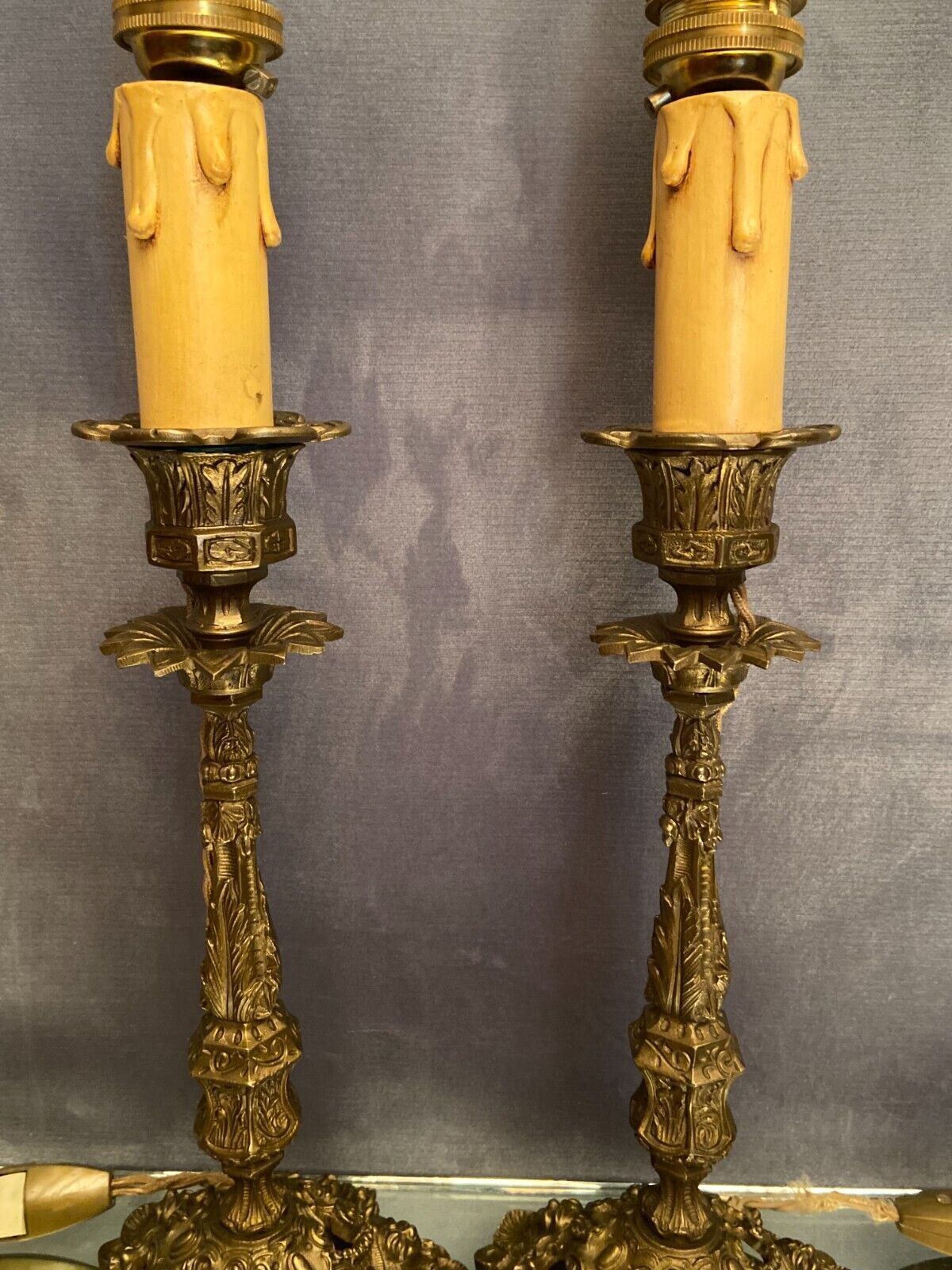 Pair of candlesticks mounted in late nineteenth century bronze lamp base Renaissance style