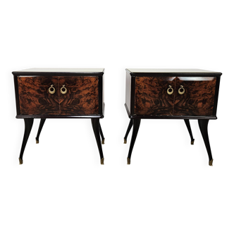 Pair of Mid Century mahogany bedside tables with glass top