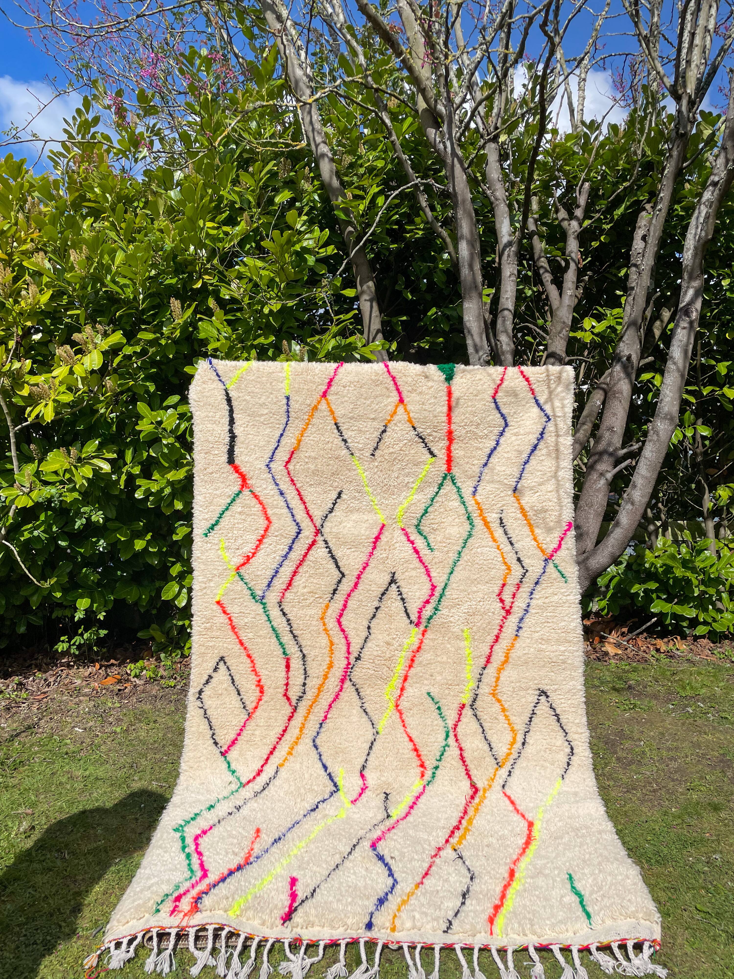 Berber rug Azilal colorful white with minimalist patterns multicolored and modern fluorescent