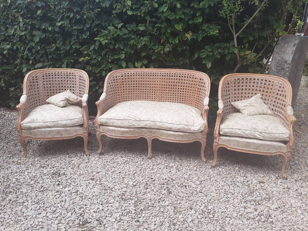 Louis XV style living room sofa and 2 armchairs - canework and carved wood