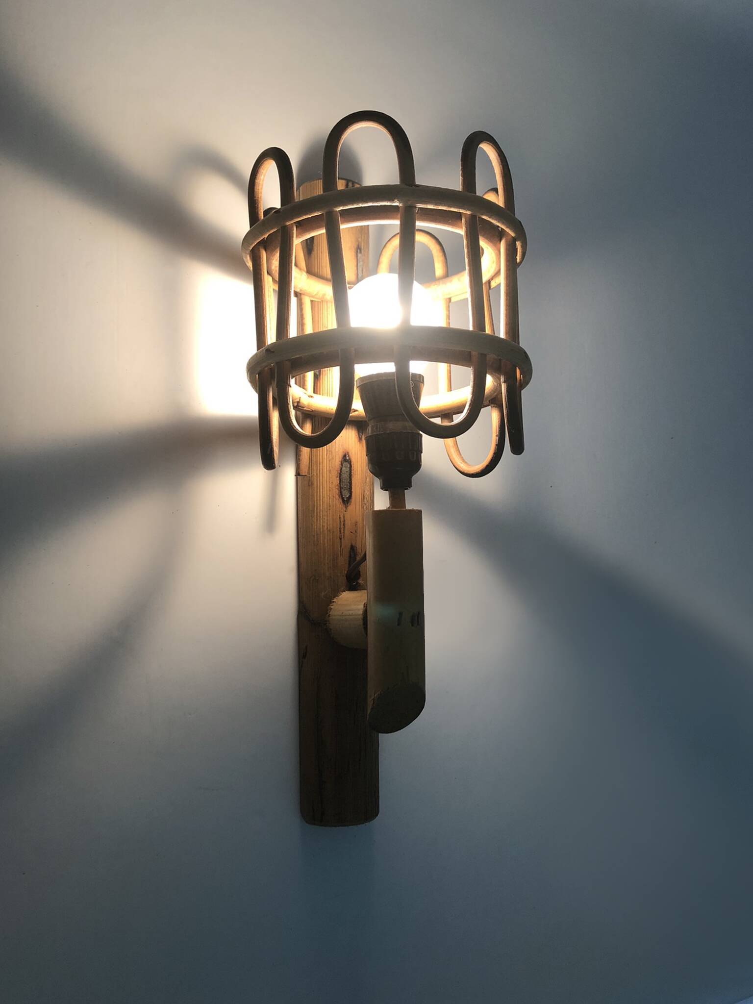Pair of rattan bamboo lantern wall lights. 1950s-1960s