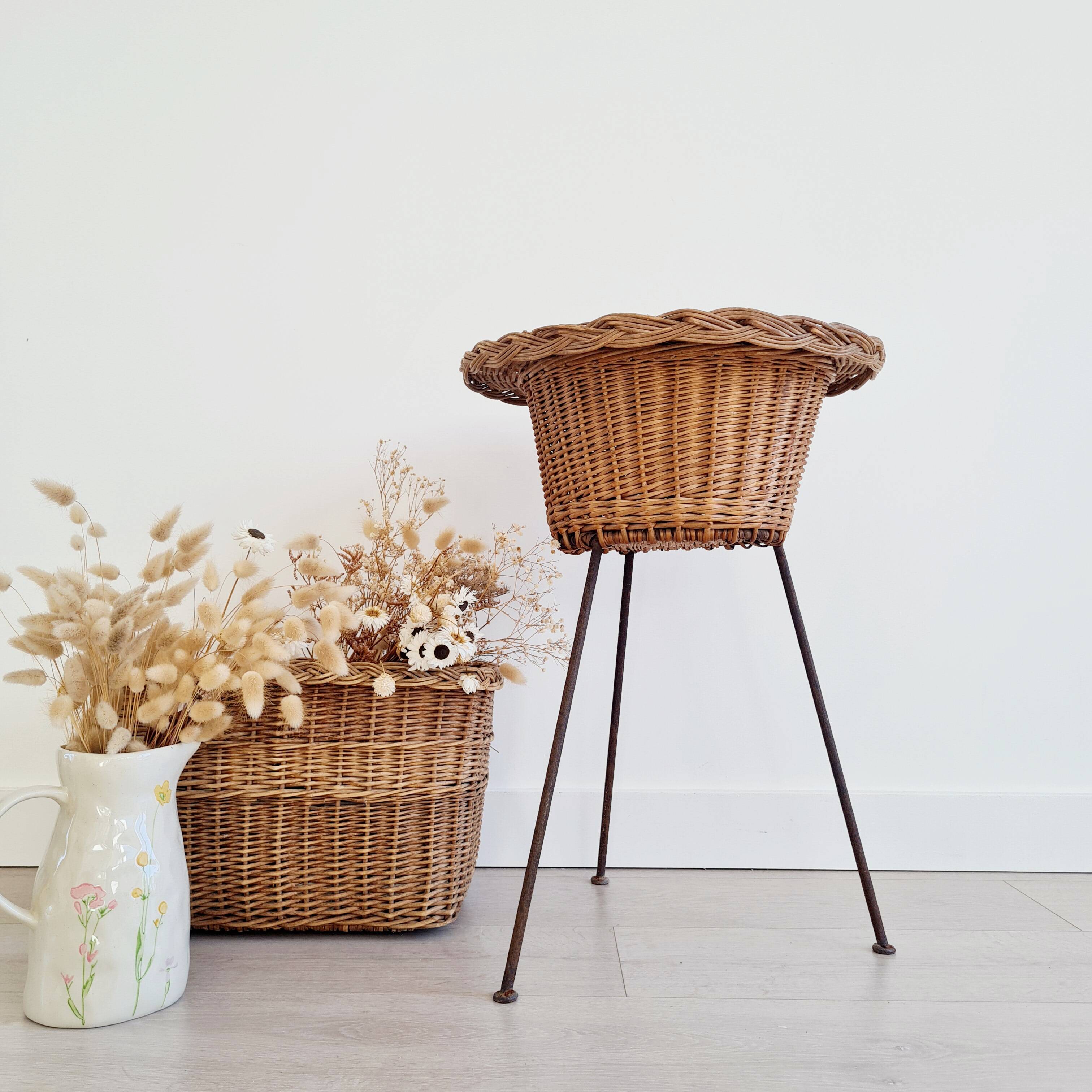 Rattan and metal tripod planter